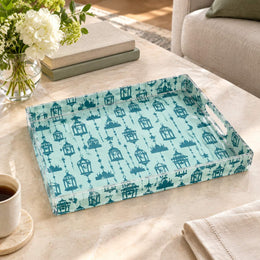 Ramadan Decorative Plastic Serving Tray – Mint Indigo Lantern Repeat transparent acrylic serving tray shown in a product view.
