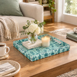 Ramadan Decorative Plastic Serving Tray – Mint Indigo Lantern Repeat transparent acrylic serving tray shown in a styled room scene.