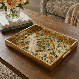 Dahlia Medallion Glass Serving Tray – Gold Floral Border glass serving tray shown in a product view.