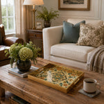 Dahlia Medallion Glass Serving Tray – Gold Floral Border glass serving tray shown in a first styled room scene.