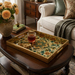 Dahlia Medallion Glass Serving Tray – Gold Floral Border glass serving tray shown in a second styled room scene.