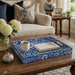 Delft Blue Floral Plastic Serving Tray – Full Print Border full-print plastic serving tray shown in a styled room scene.