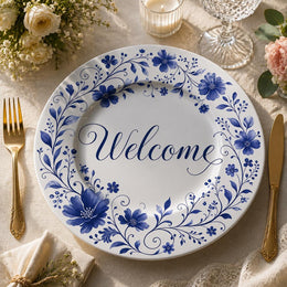 Delft Welcome Wedding Decorative Plastic Plate – Blue Floral full-print plastic serving tray shown in a product view.