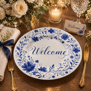 Delft Welcome Wedding Decorative Plastic Plate – Blue Floral full-print plastic serving tray shown in a styled room scene.
