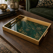 Emerald Mandala Glass Serving Tray – Golden Filigree glass serving tray shown in a product view.