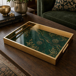 Emerald Mandala Glass Serving Tray – Golden Filigree glass serving tray shown in a product view.