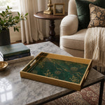 Emerald Mandala Glass Serving Tray – Golden Filigree glass serving tray shown in a first styled room scene.