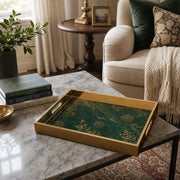 Emerald Mandala Glass Serving Tray – Golden Filigree glass serving tray shown in a first styled room scene.