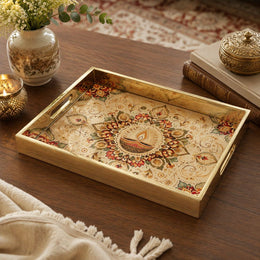 Diya Mandala Glass Serving Tray – Gold Filigree Diwali - MintiHome