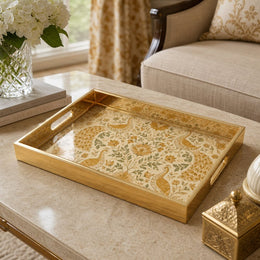 Golden Peacock Floral Glass Serving Tray – Mughal Scroll - MintiHome