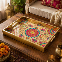 Multicolor Mandala Glass Serving Tray – Floral Symmetric - MintiHome