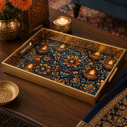 Blue Mandala Diya Paisley Glass Serving Tray – Royal Diwali - MintiHome