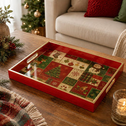 Christmas Patchwork Snowman & Plaid Glass Serving Tray – Holiday Decor - MintiHome
