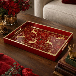 Red Reindeer Christmas Glass Tray – Gold Snowflake Border - MintiHome