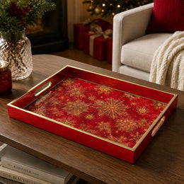 Red Christmas Glass Tray – Gold Snowflake Star Border - MintiHome