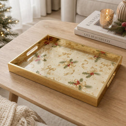 Cream Gold Christmas Glass Tray – Bow Poinsettia Holly - MintiHome
