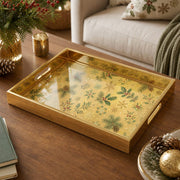 Gold Christmas Glass Tray – Snowflake Holly Green Leaves - MintiHome