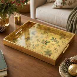 Gold Christmas Glass Tray – Snowflake Holly Green Leaves - MintiHome