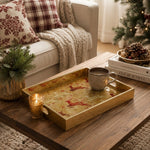 Regal Gold Christmas Glass Tray with Red Reindeer Art - MintiHome