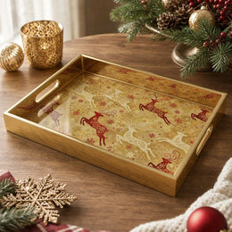 Regal Gold Christmas Glass Tray with Red Reindeer Art - MintiHome