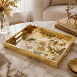 Gold Christmas Glass Tray with Poinsettia, Snowflakes and Pinecones - MintiHome