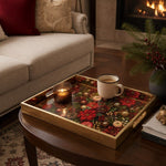 Gold Christmas Glass Tray with Red Roses, Poinsettia and Pinecones - MintiHome