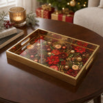 Gold Christmas Glass Tray with Red Roses, Poinsettia and Pinecones - MintiHome