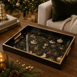 Black Christmas Glass Tray with Gold Ornaments, Nutcracker and Sleigh - MintiHome