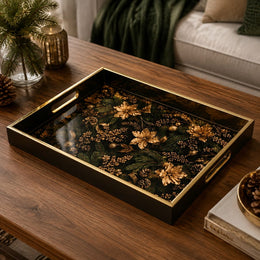 Black Christmas Glass Tray with Gold Poinsettia and Pinecones - MintiHome