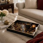 Black Christmas Glass Tray with Gold Filigree and Red Gem Accents - MintiHome