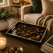 Black Christmas Glass Tray with Gold Pinecones, Oak Leaves and Berries - MintiHome