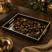Black Christmas Glass Tray with Gold Pinecones, Oak Leaves and Berries - MintiHome