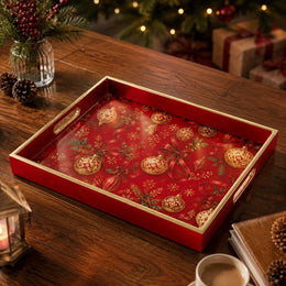 Red Christmas Glass Tray with Gold Ornaments and Red Bows - MintiHome