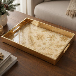 Gold Christmas Glass Tray with Cream Snowflakes and Pine Sprigs - MintiHome