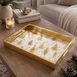 Gold Christmas Glass Tray with Gold Trees, Stars and Silver Snowflakes - MintiHome