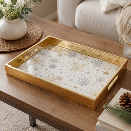 Gold Christmas Glass Tray with Gold and Silver Snowflakes and Stars - MintiHome