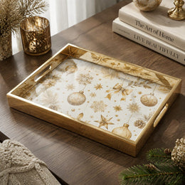 Gold Christmas Glass Tray with Cream Ornaments, Bows and Pinecones - MintiHome
