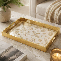 Gold Christmas Glass Tray with Gold Forest, Pinecones and Birds - MintiHome