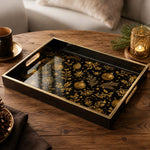 Black Christmas Glass Tray with Gold Ornaments and Poinsettia - MintiHome