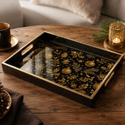 Black Christmas Glass Tray with Gold Ornaments and Poinsettia - MintiHome