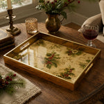 Holly and Berry Parchment Christmas Glass Serving Tray with Gold Rim - MintiHome