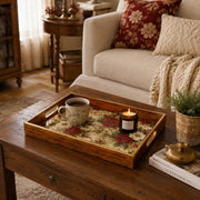 Poinsettia Rose Tapestry Christmas Glass Serving Tray with Gold Rim - MintiHome