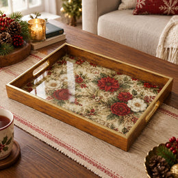 Poinsettia Rose Tapestry Christmas Glass Serving Tray with Gold Rim - MintiHome