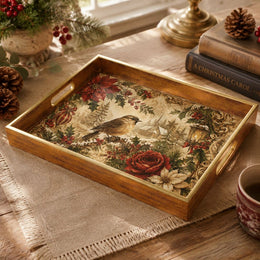 Winter Bird and Snowy Village Christmas Glass Tray with Gold Rim - MintiHome