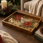 Poinsettia Berry Vine Christmas Glass Serving Tray with Gold Rim - MintiHome