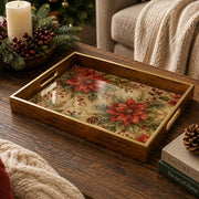 Poinsettia Berry Vine Christmas Glass Serving Tray with Gold Rim - MintiHome