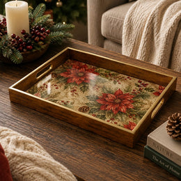 Poinsettia Berry Vine Christmas Glass Serving Tray with Gold Rim - MintiHome