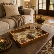Cottage Peony and Plaid Christmas Glass Serving Tray with Gold Rim - MintiHome