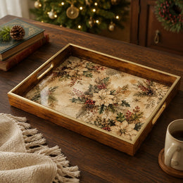 Sepia Poinsettia Bouquet Christmas Glass Serving Tray with Gold Rim - MintiHome