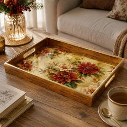 Golden Watercolor Poinsettia Christmas Glass Serving Tray - MintiHome